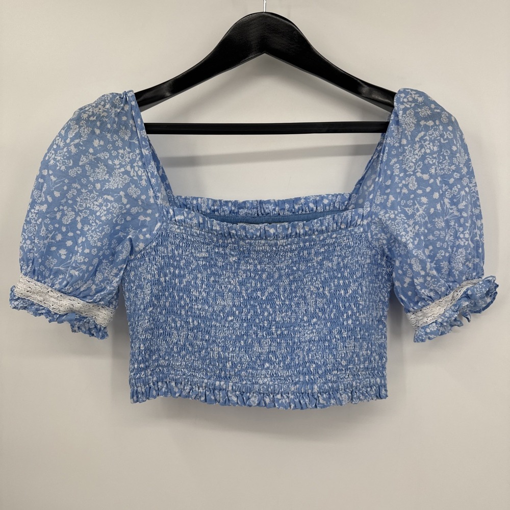 Ellsworth Peasant Floral Blue Crop Size S Babydoll Stretchy Cute Puff Sleeves